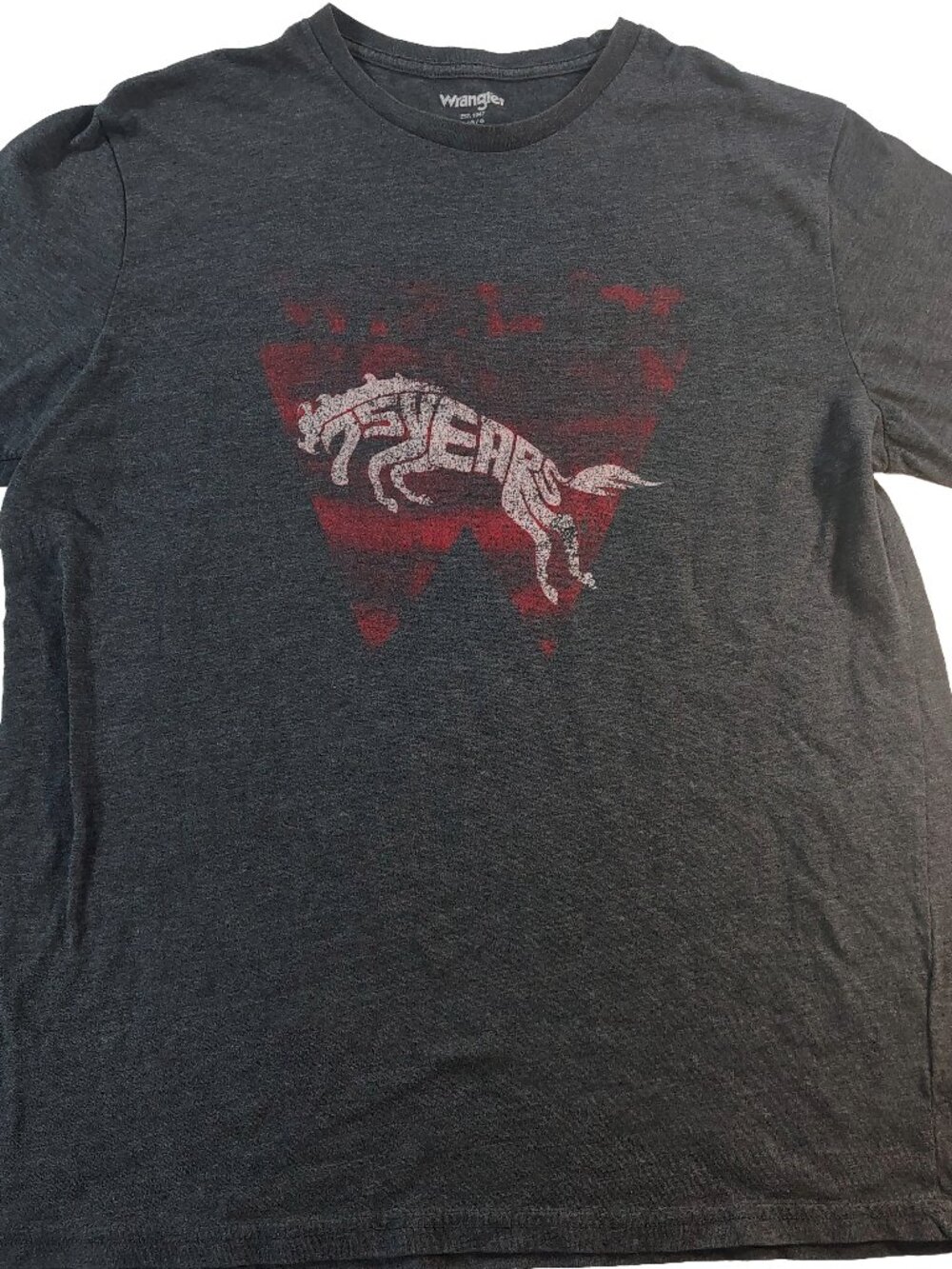 Men's Large Faded Gray Wrangler 75 Years Horse Themed Graphic T-Shirt